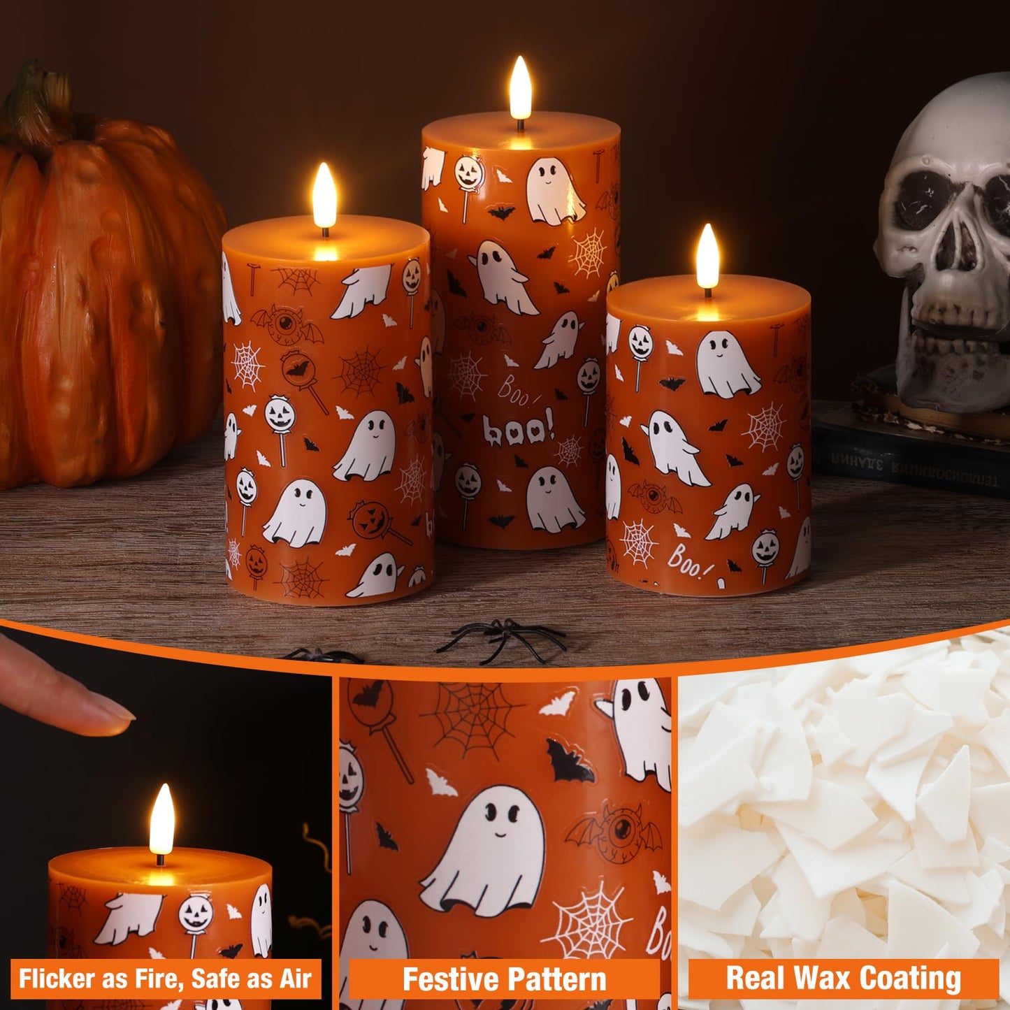Girimax Burnt Orange Halloween Flameless Pillar Candles with Remote, Ghost LED Wax Candles Battery Operated Set of 3