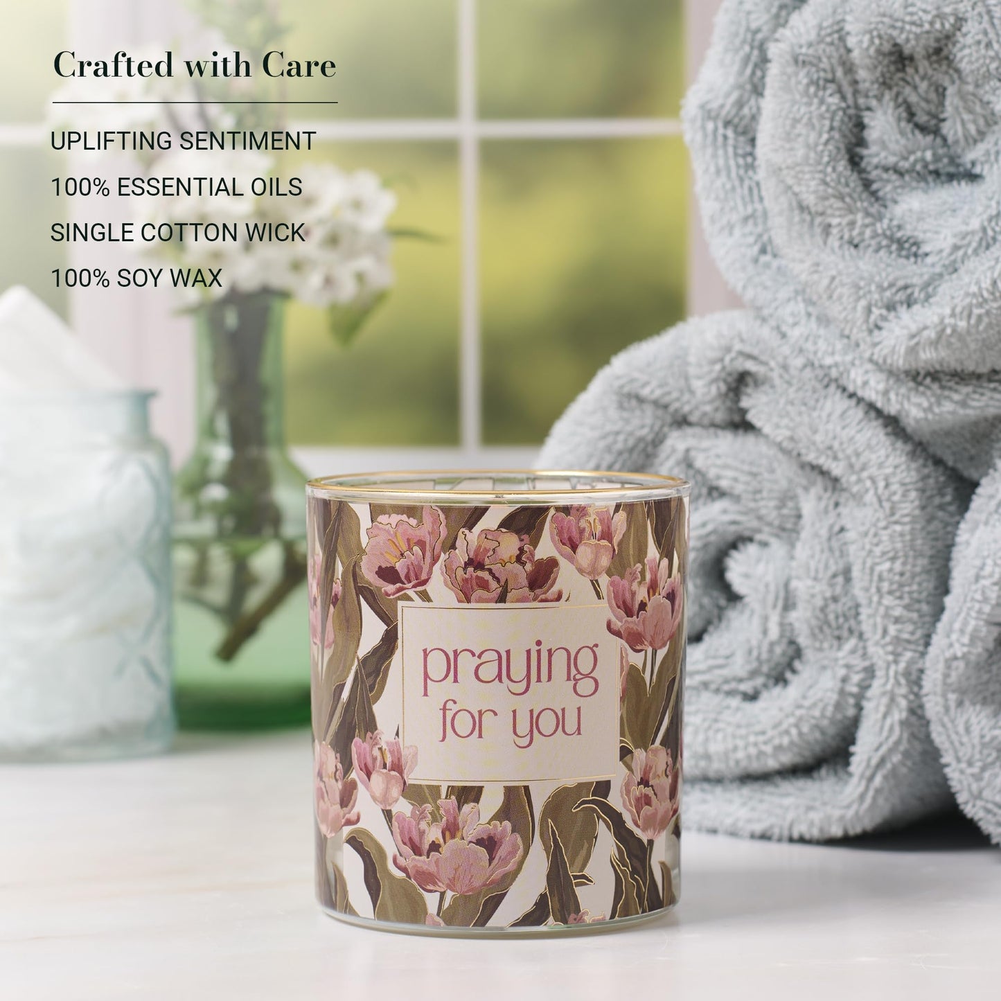 Christian Art Gifts Praying for You Scented Candle: Soy Wax, Pure Essential Oils, Palo Santo & Thyme Scent, Floral Design Glass Jar, Encouragement Gift for Women, 40 Hours Burn Time