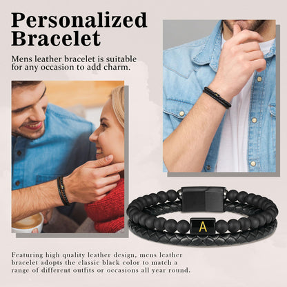 FOCOOG Gifts for Mens Bracelet - Men Gift Leather Bracelets for Men with Initial Matte Agate Bead Magnetic Clasp Leather Men's Initial L Bracelet for Men's Jewelry Mens Gifts for Dad Husband