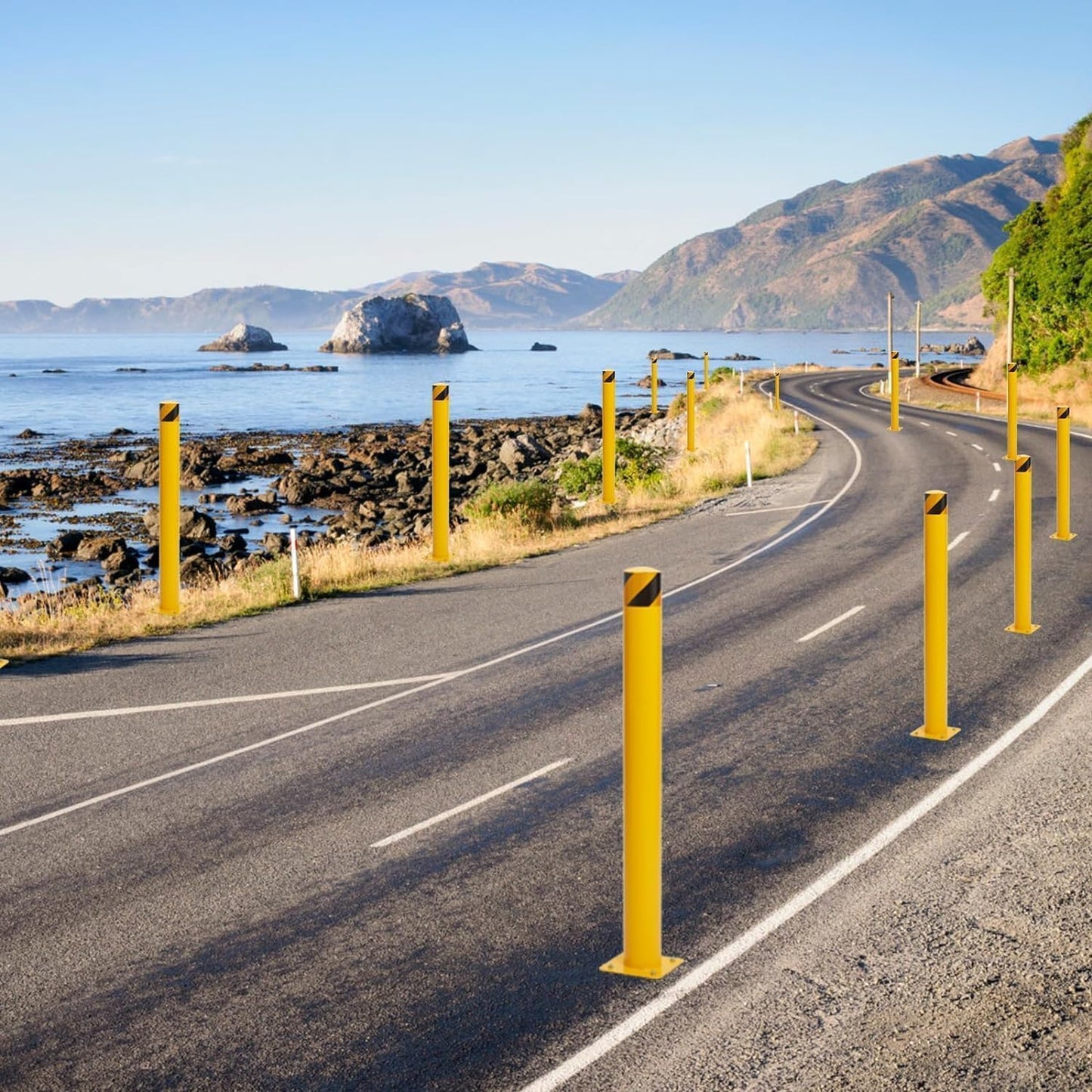 Safety Bollard 6 Packs, EliteEdge 48 Inch Height Bollard Post, 4.5 Inch Diameter Steel Pipe Safety Bollard Post, 8 Anchor Bolts, for Traffic Control, Driveway Barrier, Parking Pole