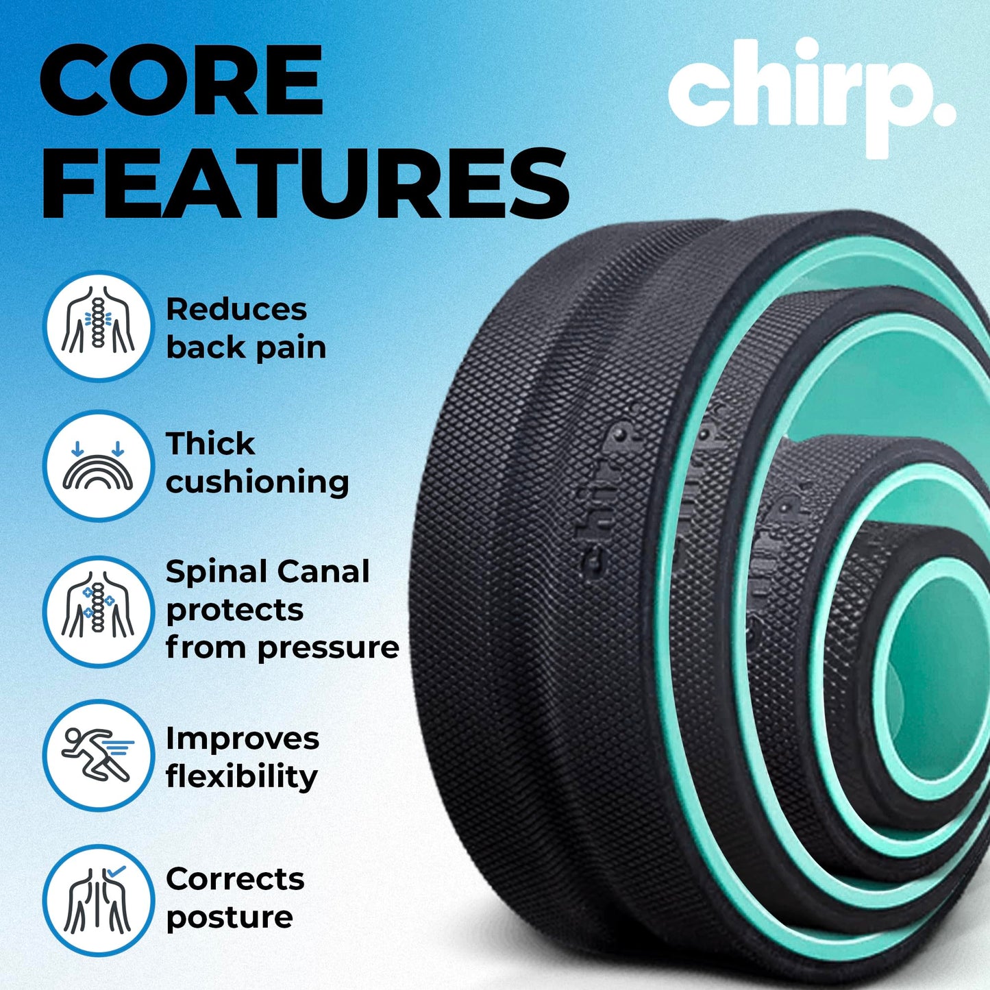 Chirp Wheel Foam Roller – Targeted Back & Neck Relief, Lumbar Spine Stretcher, Spinal Decompression Back Stretcher, Massage Roller with Density Foam for Physical Therapy, Supports 500lbs, 2-Inch Mint