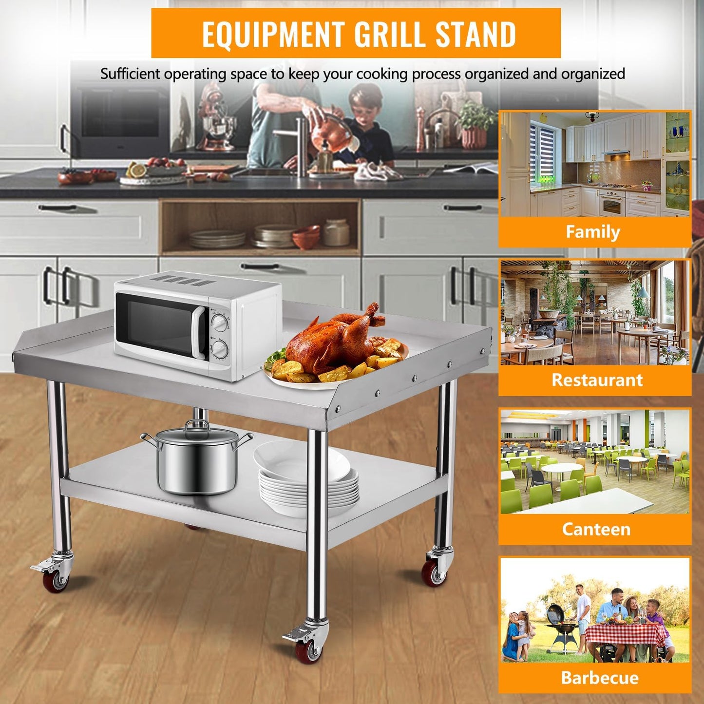 Garvee Stainless Steel Commercial Work Table with Wheels– 36x28 in, 1000 Lbs Capacity, Adjustable Shelf, Heavy Duty Grill Stand Prep Station for Professional Kitchen, Restaurant or Home