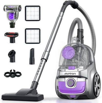 Aspiron Canister Vacuum Cleaner - 40Kpa Powerful Bagless Design | 4QT Dust Cup, Double HEPA Filter, Lightweight with 5 Tools - Mauve