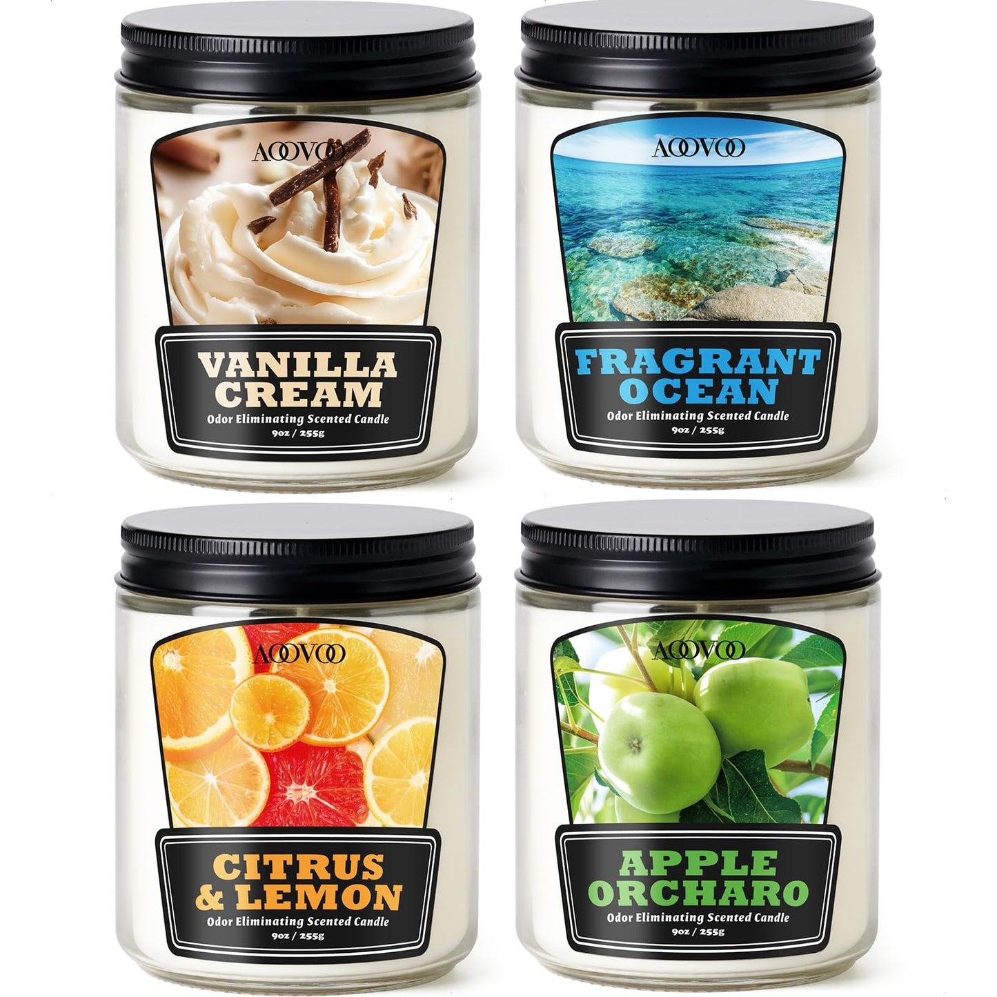 AOOVOO 4 Pack Odor Eliminating Candle - Up to 200 Hours Burn time, Eliminates 95% of Pet, Smoke, Food, and Other Smells Quickly, 36 oz Non Toxic Highly Fragranced Air Freshing Soy Candle