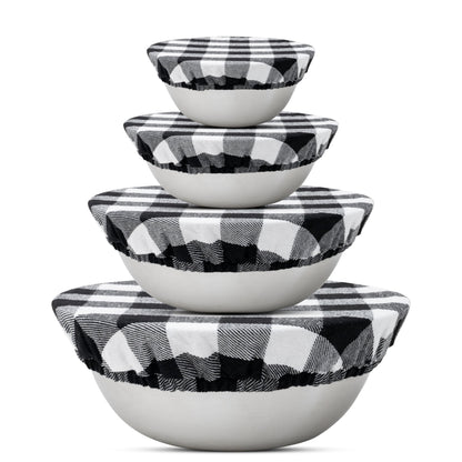Reusable Elastic Bowl Covers - 100% Cotton Fabric Bowl Covers Set for Sourdough Bread and Mixing Bowls to Cover Dough, Fruits, Vegetables and Regulate Moisture (Black Plaid, 1XL, 1L, 1M, 1S)