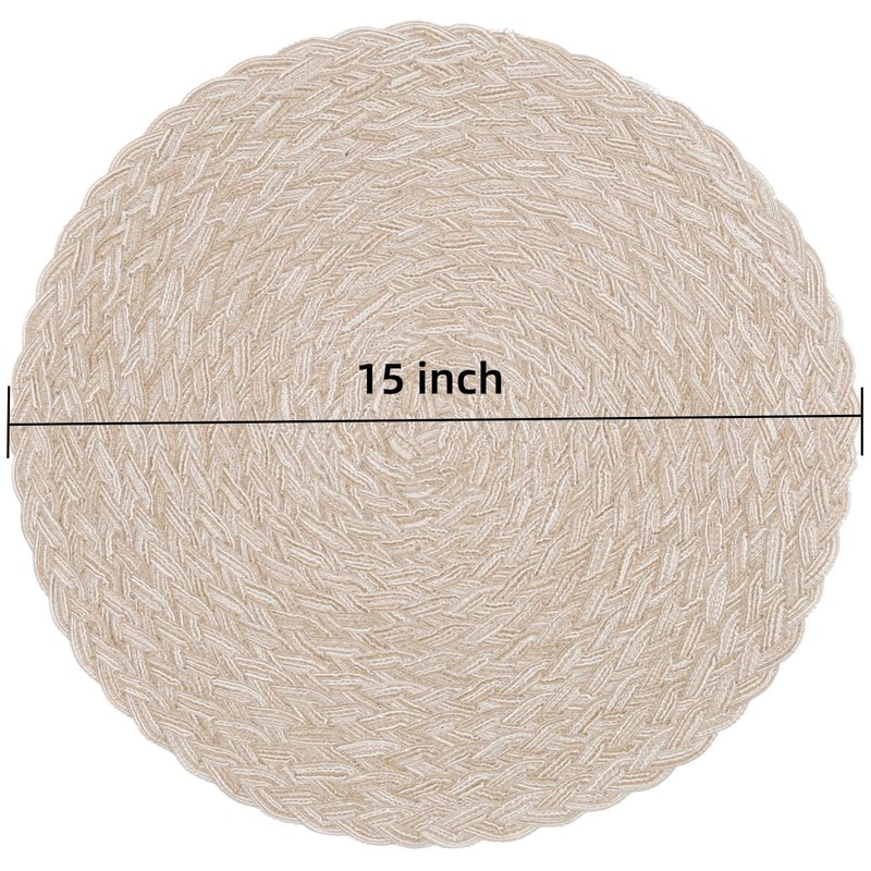 SHACOS Round Braided Placemats 15 inch Set of 6 Thick Boho Kitchen Table Placemats for Home Wedding Party (T-Beige, 6)
