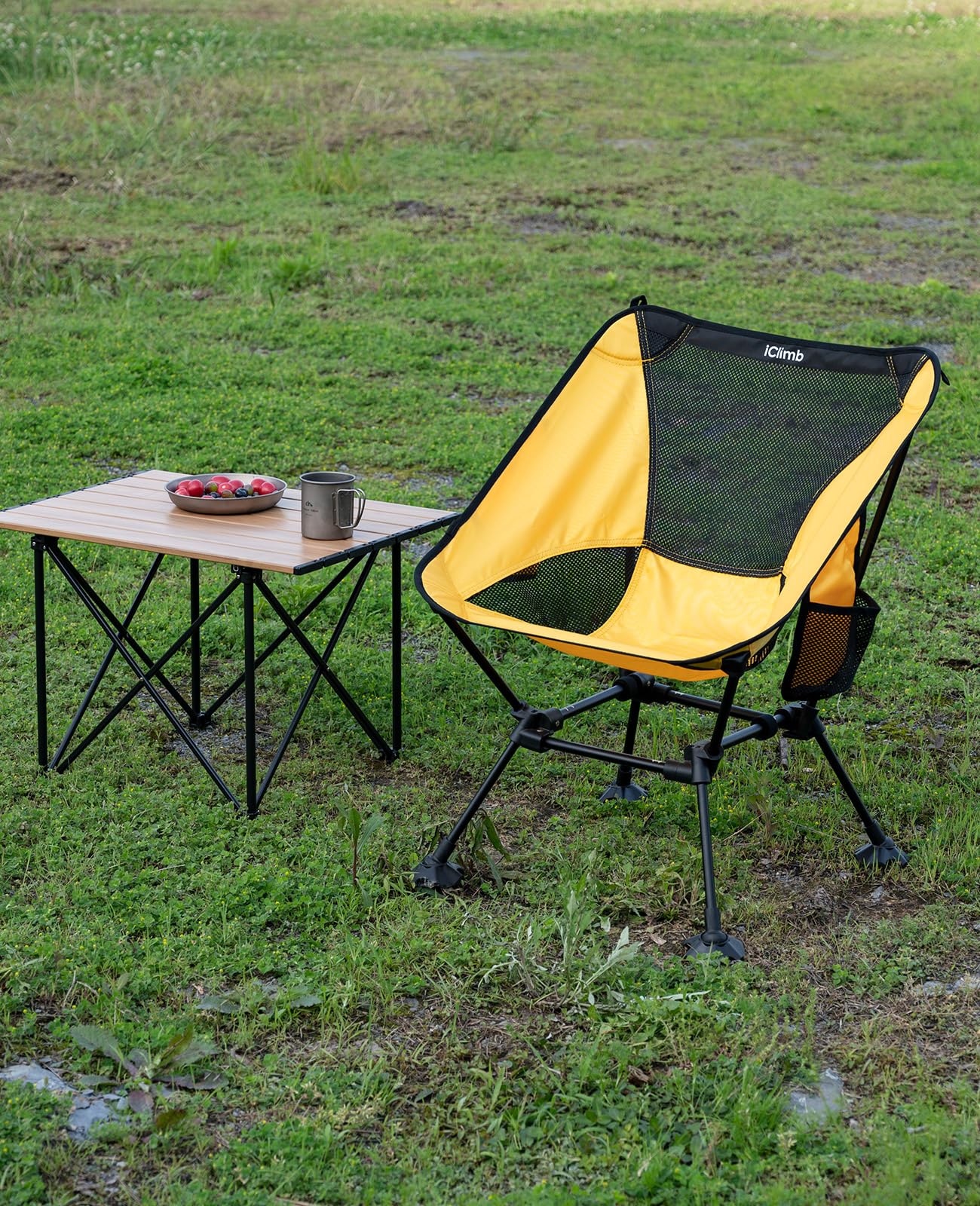 iClimb Ultralight Compact Camping Folding Beach Chair with Anti-Sinking Large Feet and Back Support Webbing (Yellow - Square Frame - 2PC)