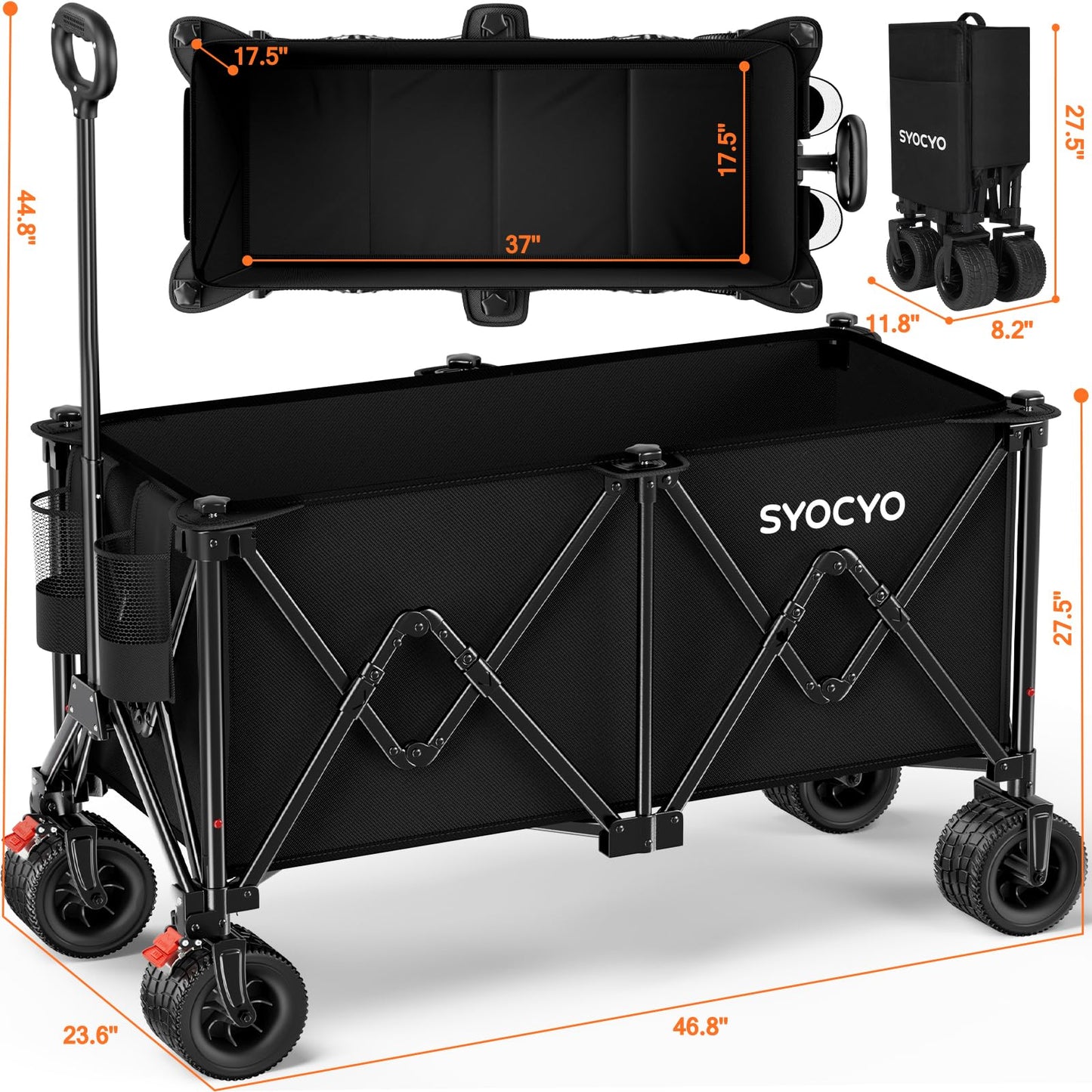 Beach Wagon Carts Foldable 570LBS Collapsible Wagon with Big All-Terrain Wheels for Sand 330L Heavy Duty Utility Carts with Cup Holders for Garden, Camping, Grocery, Black