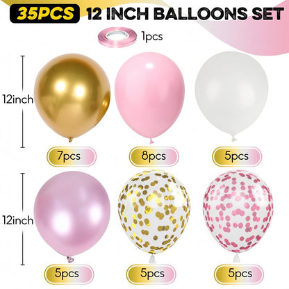Pink Gold Balloons Set, 12 Inch Pink White Latex Balloons Pink Confetti Helium Balloons Pink and Metallic Gold Party Balloons for Bridal Baby Shower Wedding Girl Women Birthday Decorations