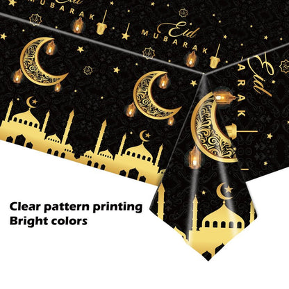 3 Pack Ramadan Decorations Ramadan Table Cloth, Black and Gold Eid Mubarak Tablecloth, 108x54 inch Ramadan Mubarak Table Cover, Ramadan Eid Decorations for Home, PE Plastic Disposable Tablecloth
