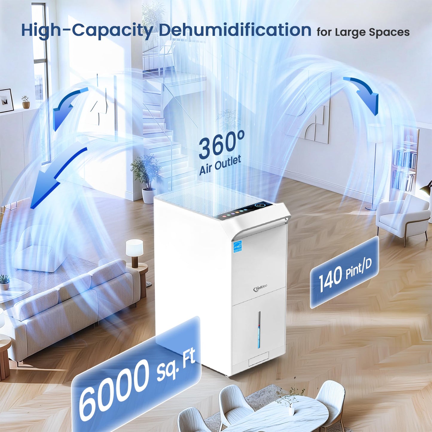 6,000 Sq.Ft Most Efficient Energy Star 2025 Dehumidifier with Pump,Vellgoo Max 140 Pint/D Smart Compressor Dehumidifier for Basement with Drain Hose, for Home,Large Rooms