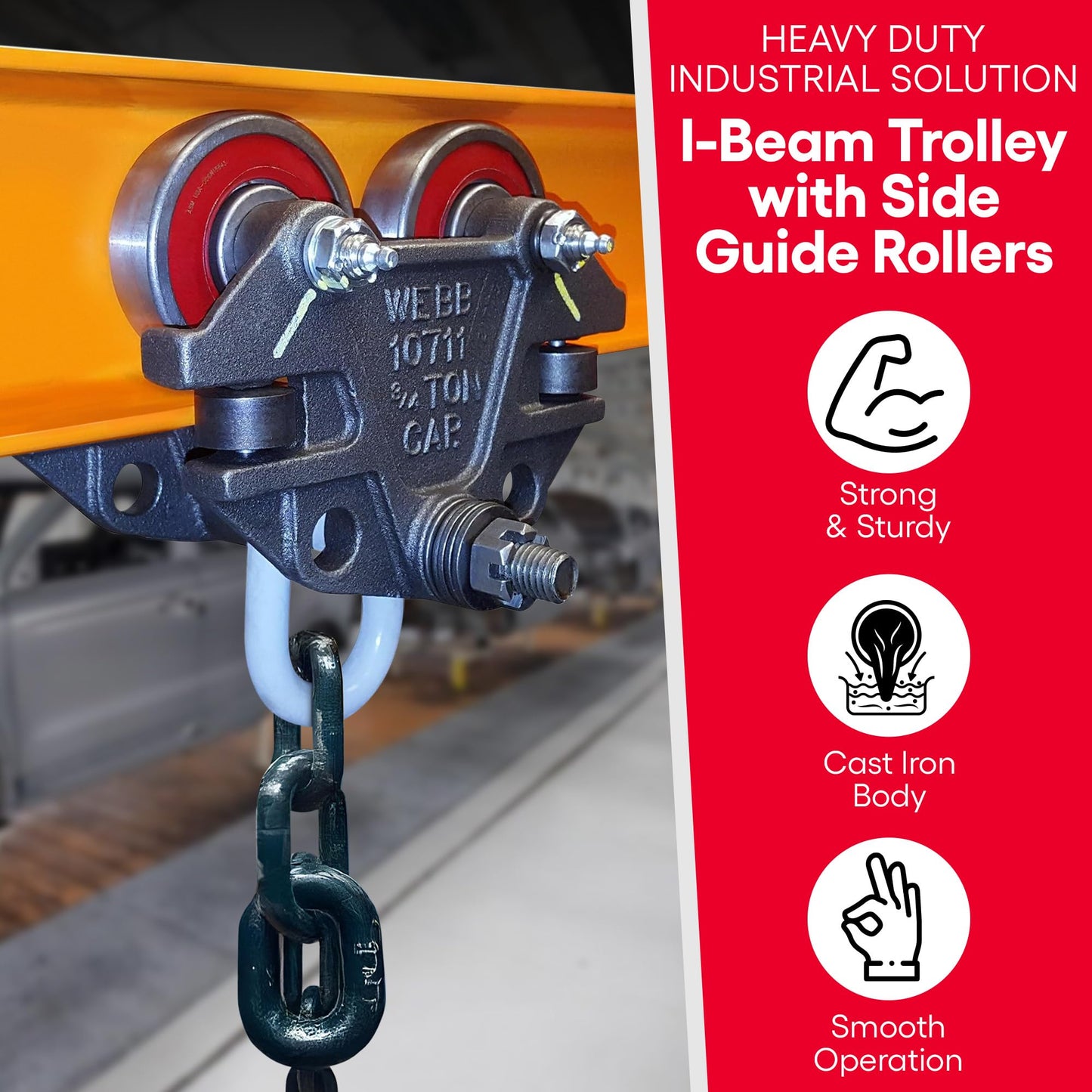 Jervis Webb Beam Trolley With Side Guide Rollers. Heavy Duty 3/4 Ton 1,500 Pounds Capacity. Industrial Grade Conveyor Trolley for I-Beams and Chain Hoists