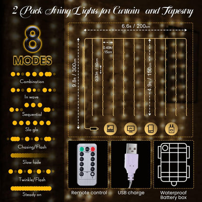 Tuanse 195 LED Curtain Tapestry Lights Backdrop String Lights, 6.5 x 5 Feet Hanging Fairy Curtain Light with 8 Lighting Modes and Remote for Bedroom Window Wall Indoor Outdoor Graduation Decor 1 Pack