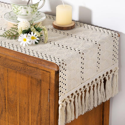 Socomi Boho Table Runner Macrame Long Summer Farmhouse Woven Cotton Linen Rustic Coffee Table Runner with Tassels for Dresser Scarf Home Decor Dining Room 12x108 inch Beige