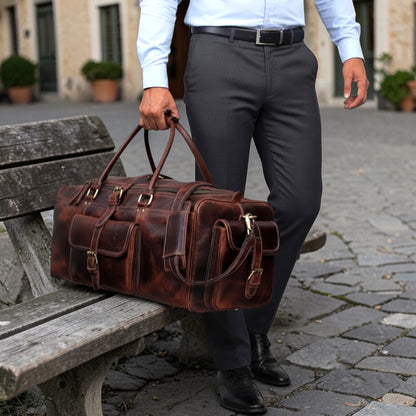 Leather Duffle Bags for Men - 21 Inch Full Grain Leather travel bag, leather overnight bag, Mens Leather Bag, Carry On Leather Weekender Bag, Airplane Leather Luggage Duffel Gym Bag