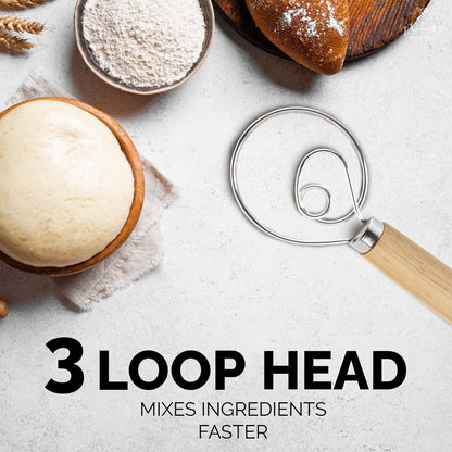 Zulay Kitchen 13-Inch Danish Dough Whisk - Stainless Steel Wooden Whisk with Dough Hook - Sourdough Whisk for Bread, Pizza, Pastry, Cake Batter & More - Wood