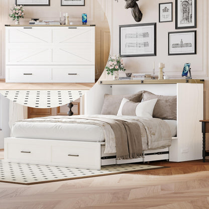Merax Modern Farmhouse Solid Wood Murphy Cabinet Bed with Charging Station, Foldable Wall Platform Bed with Storage Drawer/No Box Spring Needed/Easy Assemble/Queen, White