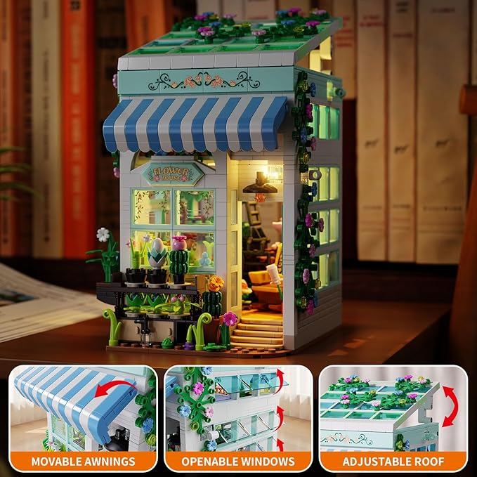 Flower House Building Set with LED Lights 1077 PCS City Greenhouse Building Block Toy Garden House Architecture Book Nook Home Decor Birthday Gift for Adults or Girls 8-12 Years