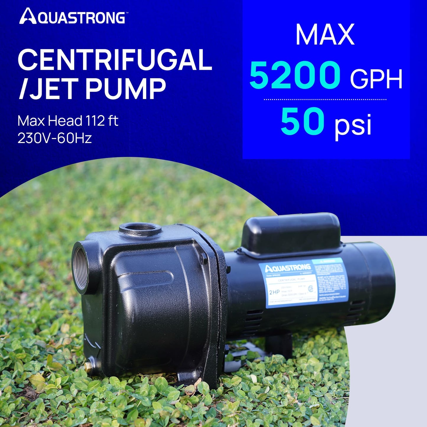 AQUASTRONG 2 HP Shallow Well Jet/Centrifugal Pump, 230V, 5200 GPH, Durable Cast Iron Booster Pump for Lawn Sprinkler, Garden Irrigation