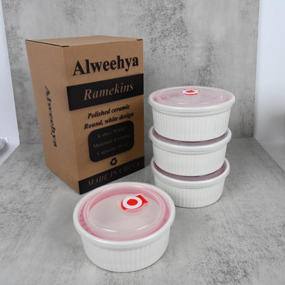 10 oz Ceramic Creme Brulee Ramekins Oven Safe, Small Souffle Ramekins with Lids, Mini Ramekin Set with Covers Set of 4, Pudding Custard Cups Ramiken for Baking, Meal Prep, Picnic, Camping