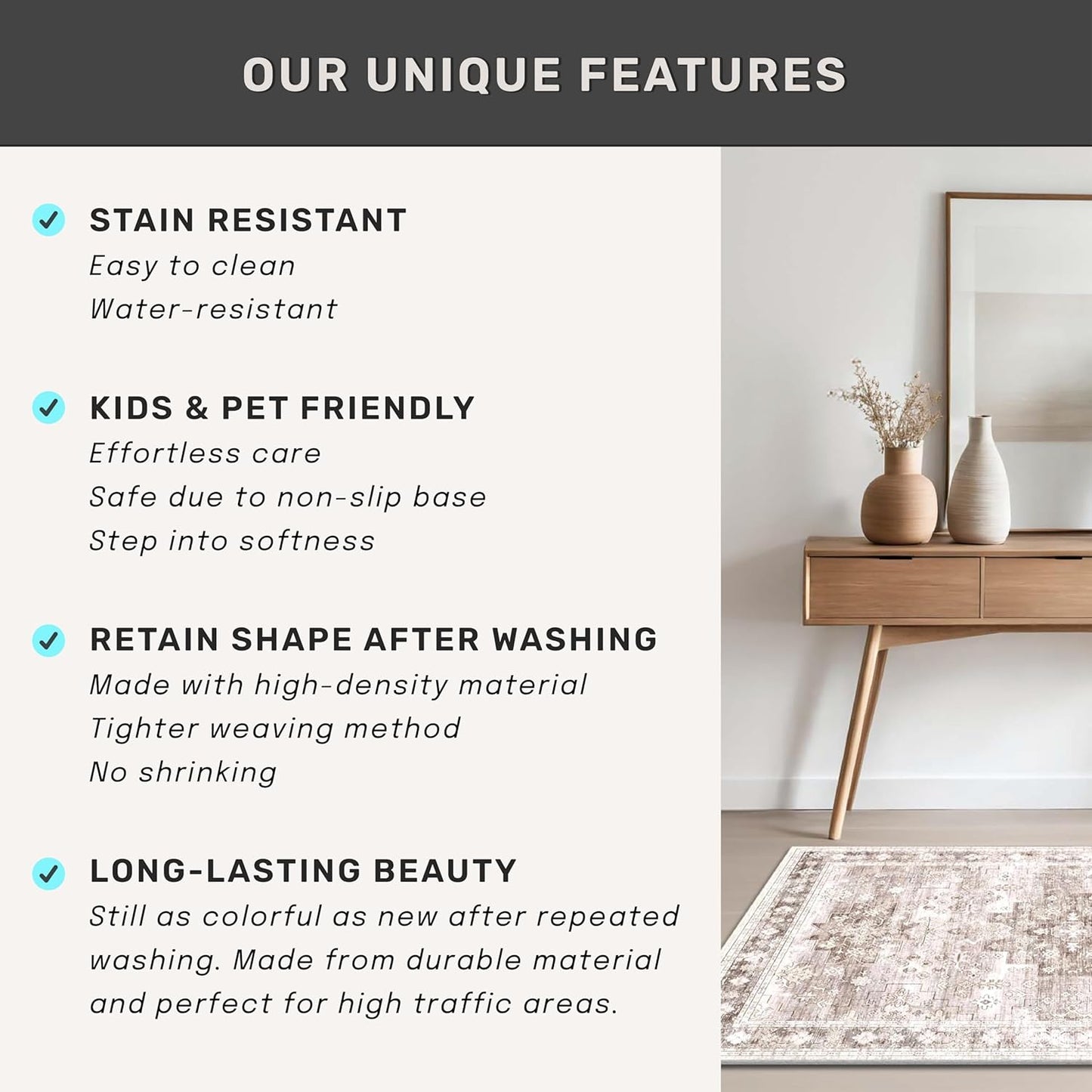 Regine Switzerland Beige Washable Runner Rug - Extra Long 2'6"x10' | Non-Slip, Stain Resistant, Boho Floral Decor