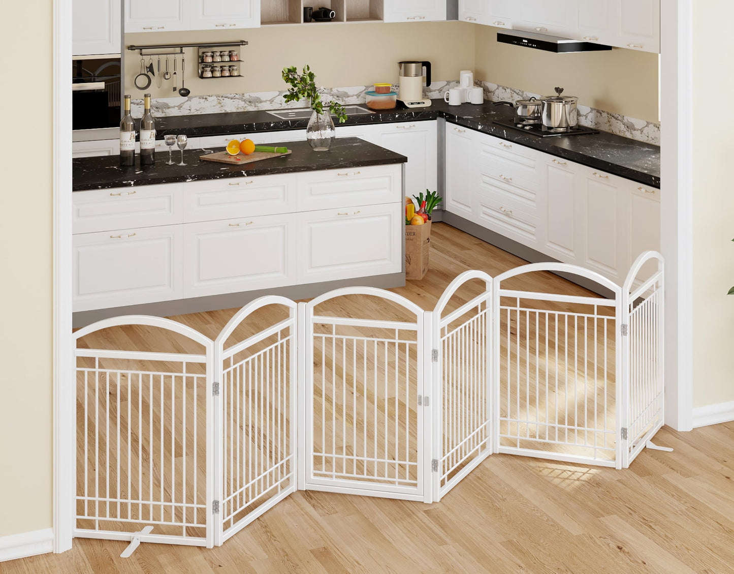 THKKY Folding No-Assembly Metal Freestanding Dog Gate with Door Walk Through,32" Height Pet Fence,144" Extra Wide Accordion Puppy Folding Playpen for Doorways,House,Stairs (6 Panels,White)