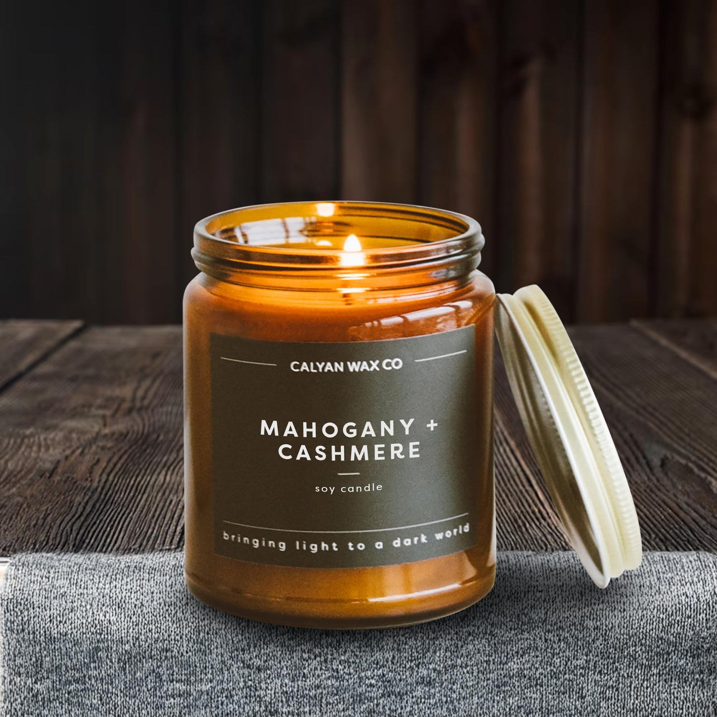 Calyan Wax Co. Mahogany & Cashmere Scented Candle - 57 Hour Burn - Luxury Clean Soy Wax Candles - Long Lasting Amber Glass Jar Candle for Home - 7.2oz