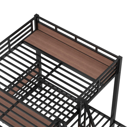 Bellemave Queen Over Twin & Twin Bunk Bed with Shelves, Metal Triple Bunk Beds with Safety Guardrails and Underbed Storage, Heavy-Duty 3 Bunk Beds for Kids, Teens, Adults, No Box Spring Needed, Black