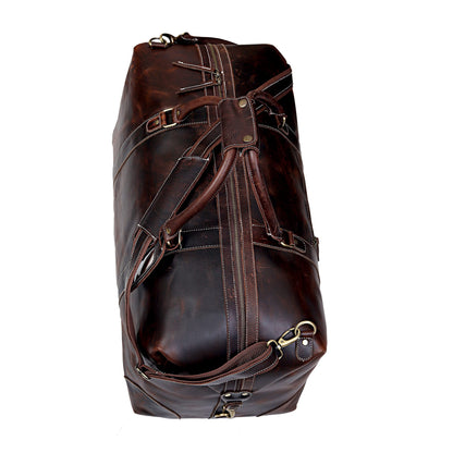 Leather Farm 24 Inch Genuine Buffalo Leather Travel Duffel Bag, Overnight Weekend Bag Sports Gym Duffel for Men, Airplane Under Seat Carry on Bags (Brown)