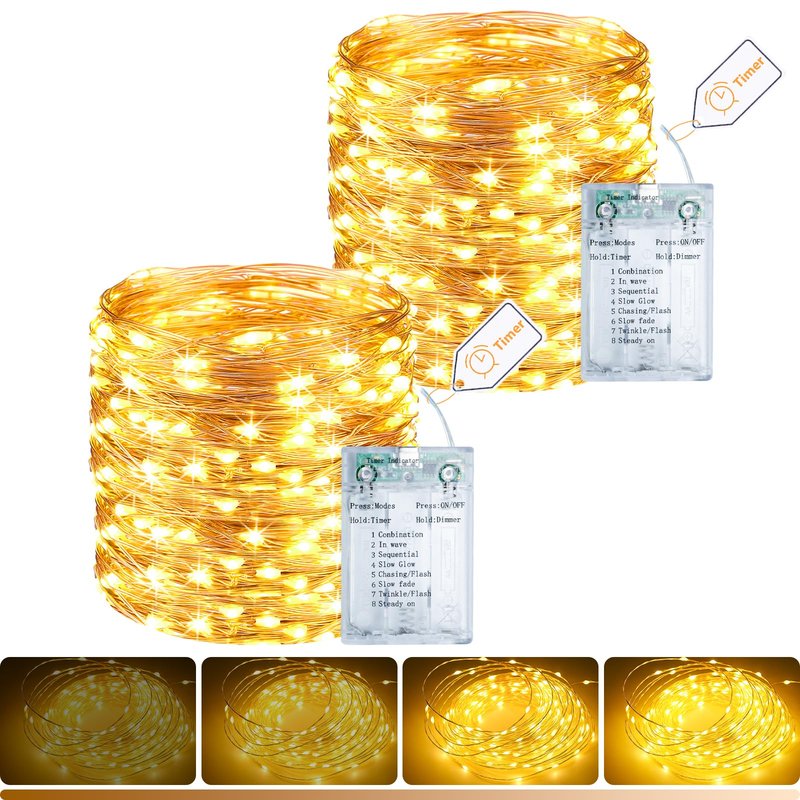 litogo 2 Pack Fairy Lights Battery Operated with Timer, 33FT 100LED Twinkle String Lights USB-C Powered 8 Modes Dimmable for Indoor Bedroom Centerpiece Wedding Classroom Dorm Christmas Decorations