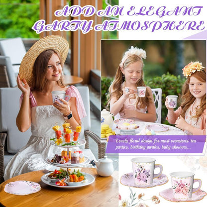 Umigy 60 Set 6.5 oz Floral Paper Tea Cups with Handle and Plates Tea Party Decorations with Tape Disposable Blossom Teacups and Saucers Sets for Hot Cold Birthday Drink(Elegant)