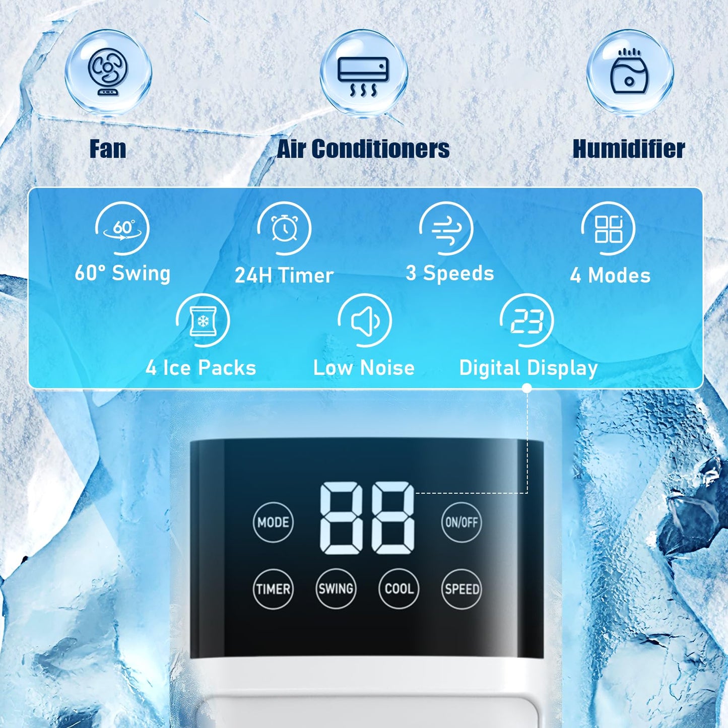 Evaporative Air Cooler, 3-in-1 Portable Air Conditioners for Room, 4 Modes 3 Speeds, Fast Cooling Portable AC Unit/24H Timer, Remote Oscillating Tower Fan, Quiet Swamp Cooler for Bedroom Office