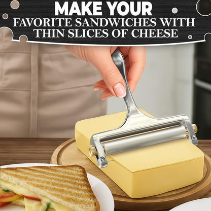 Cheese Slicer Wire - Sharp & Strong Stainless Steel Cheese Cutter Handheld with 2 Extra Wires, Slice Tickness Adjuster, Comfortable Handle & Dishwasher Safe, for Mozzarella, Cheddar & Gruyere Slicing