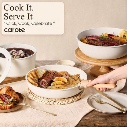 CAROTE Pots and Pans Set Non Stick, Cookware Sets, Kitchen Set, Oven/Dishwasher/Fridge Safe, Space Saving Pots Set, Nonstick Set with Versatile Detachable Handle, Induction RV Set, Cream