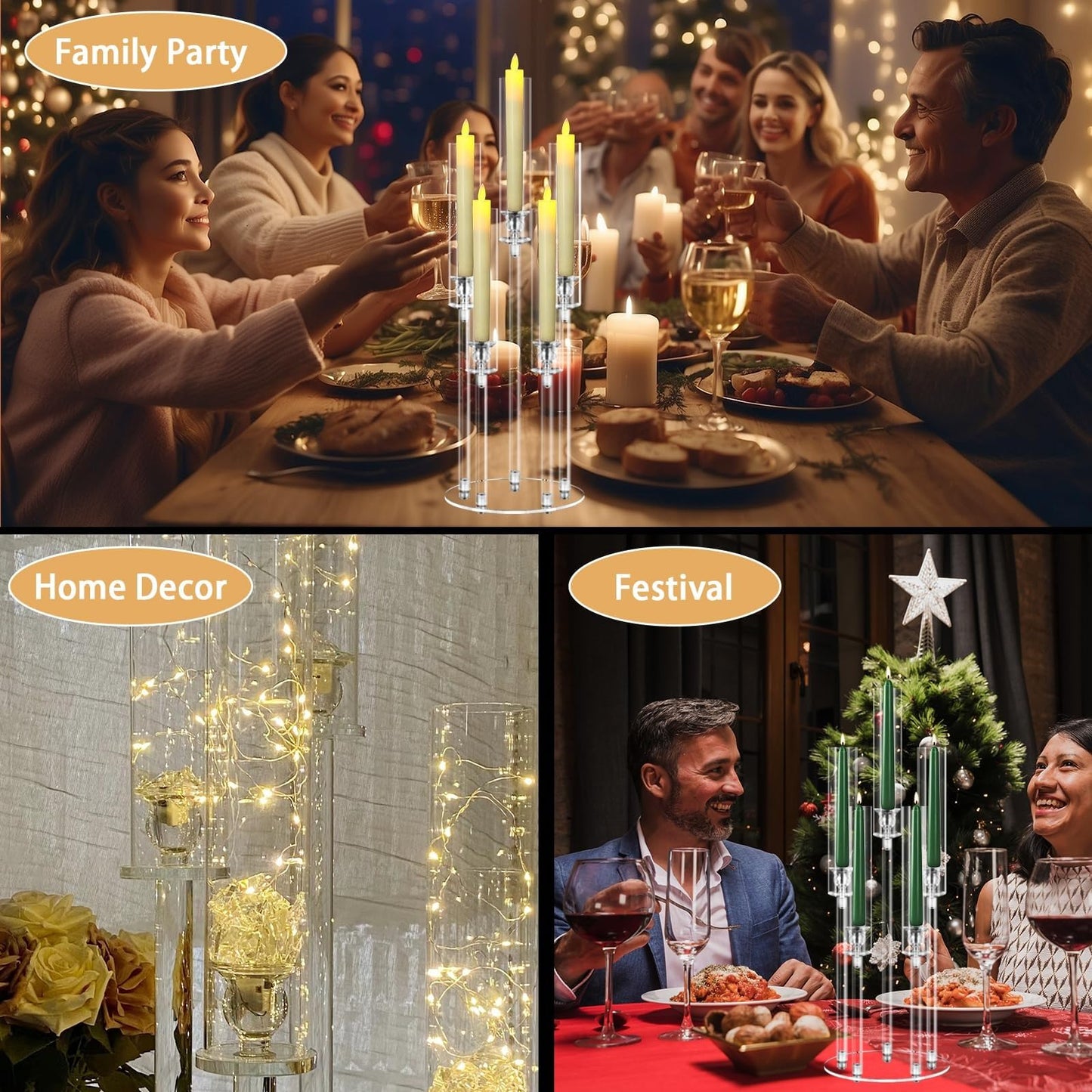 5 Arms Acrylic Candelabra Centerpieces for Tables, Clear Candle Holder for Halloween Christmas Wedding Party Decor, 27" Tall Candlestick Holders with Lampshade, Fits LED Candle(2pcs)