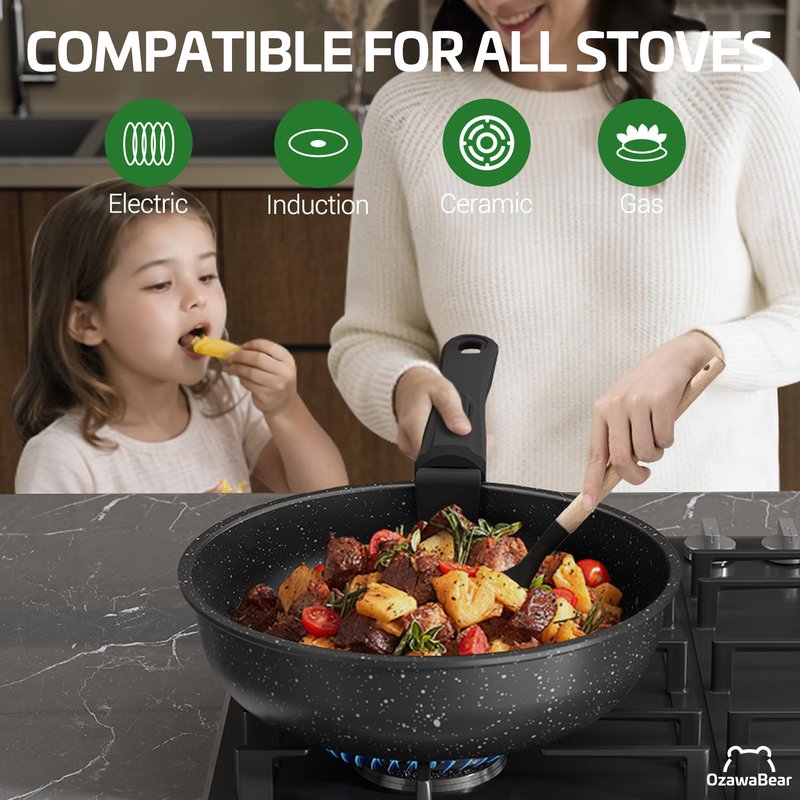 OzawaBear 23 Pcs Pots and Pans Set Non Stick, Ceramic Cookware Set Non Toxic with Detachable Handles, Healthy Induction Cookware Oven Safe RV Kitchen Set, PFAS PFOA & PTFE Free, Black