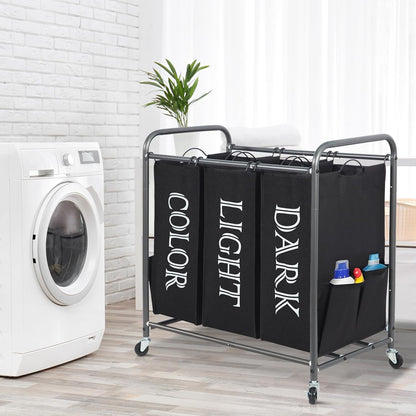 Storage Maniac 3-Section Laundry Sorter - 35.9 Gal Rolling Hamper Cart with Lockable Wheels & Removable Bag - Black