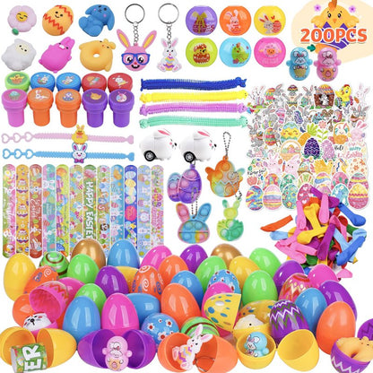 YiYLunneo 200PCS Prefilled Easter Eggs with Toys Inside for Kids, Easter Basket Stuffers Fillers with Fidget Toys 50 Pack for Easter Eggs Hunt Easter Party Favors, Easter Classroom Prize Gifts