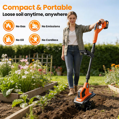 20V Cordlees Tiller Cultivator for Gardening, 400RPM Brushless Electric Garden Tiller Battery Powered((2*3.0Ah Battery&Charger), 9.5"Width 7"Depth, Garden Rototiller for Yard/Lawn/Soil Tiller (Orange)