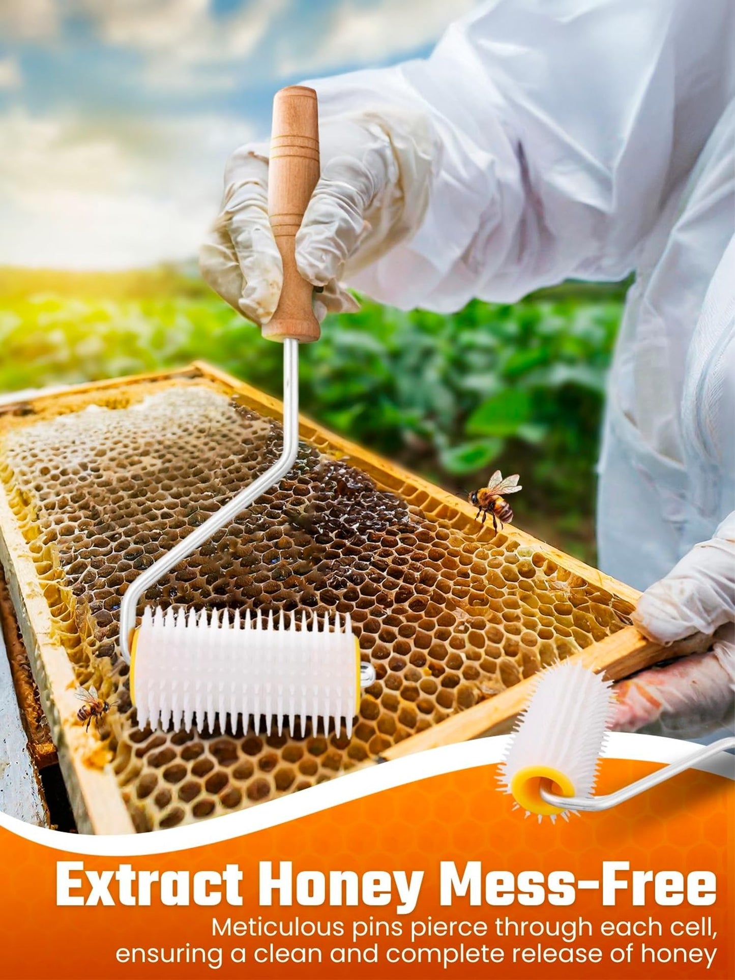 Duseu Honey Press Extractor Machine, Stainless Steel Honey Spinner Extractor Manual, Uncapping Needle Roller, 4 PCS Mesh Honey Strainer Bag, Honey Extraction Equipment for Wine Honey and Juice Making