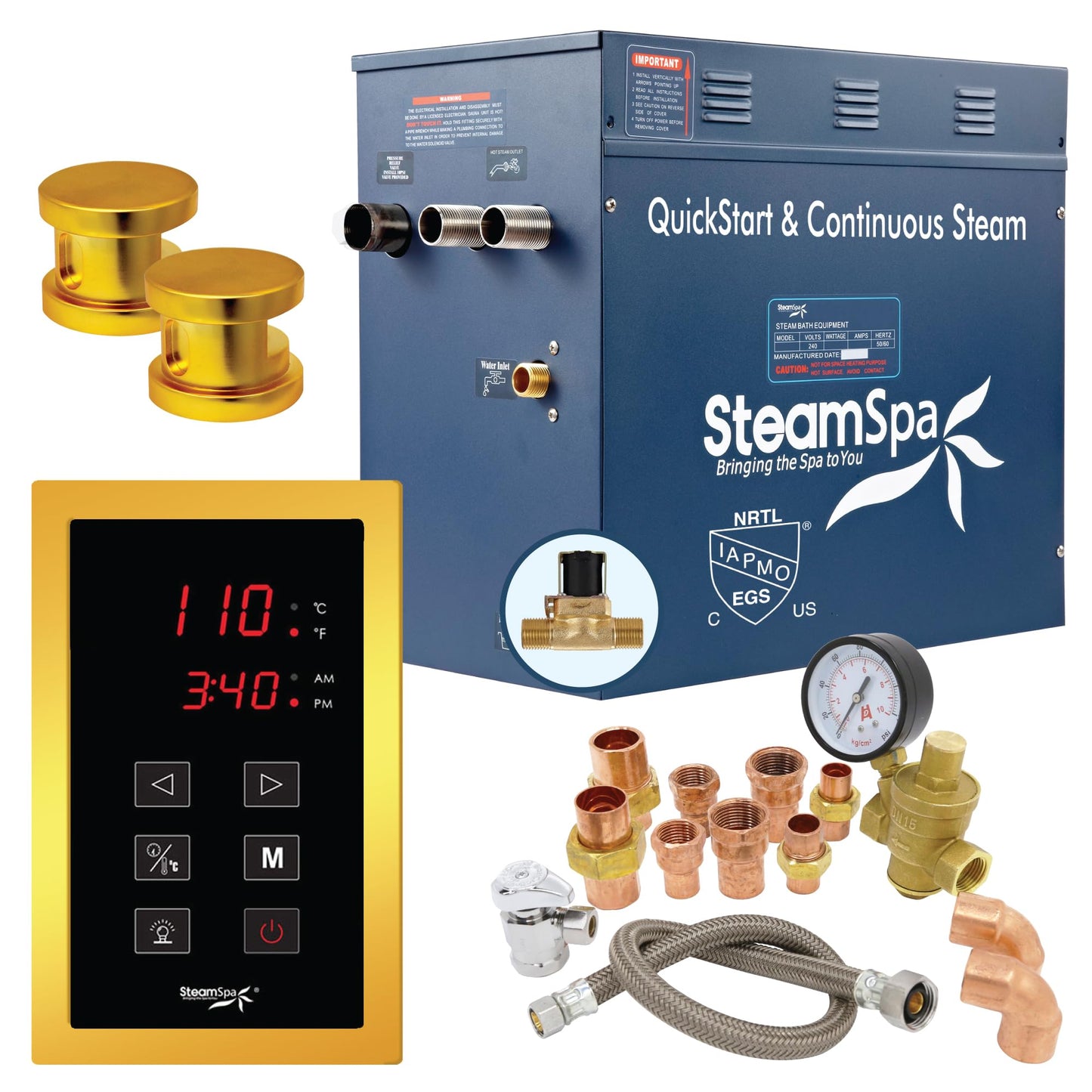 SteamSpa Premium 10.5 KW QuickStart Acu-Steam Bath Generator Package with Built-in Auto Drain in Polished Gold Finish|Touch Panel Control System|PRT1050GD-A
