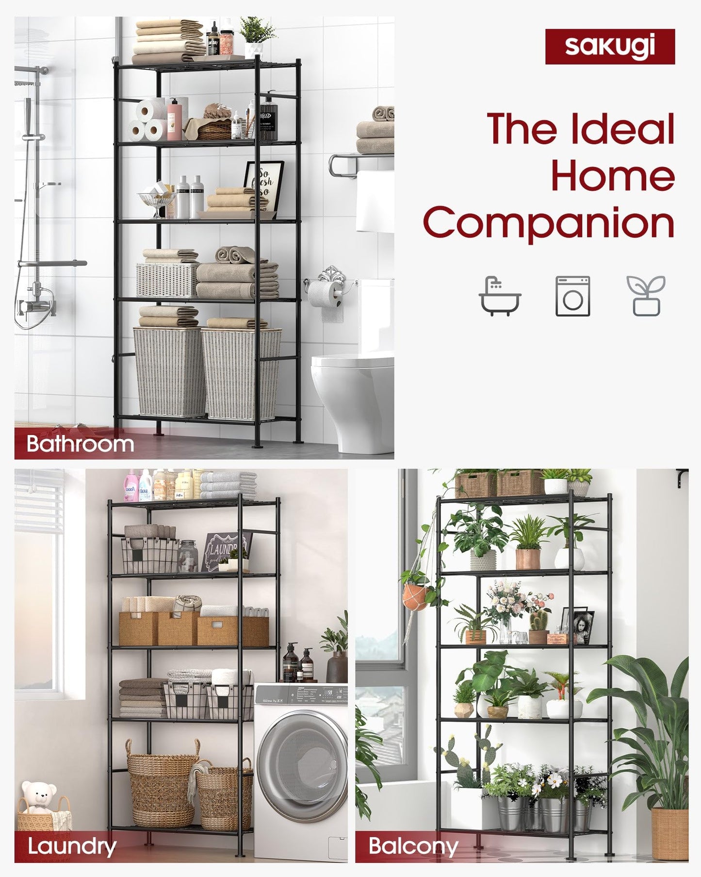 Storage Shelves - 5 Tier Shelf Organizer, Heavy Duty Garage Shelving Unit with Leveling Feet, Stable Metal Shelves Organizer for Pantry, Kitchen and Closet, 33.0" W x 12.6" D x 72.0" H, Black