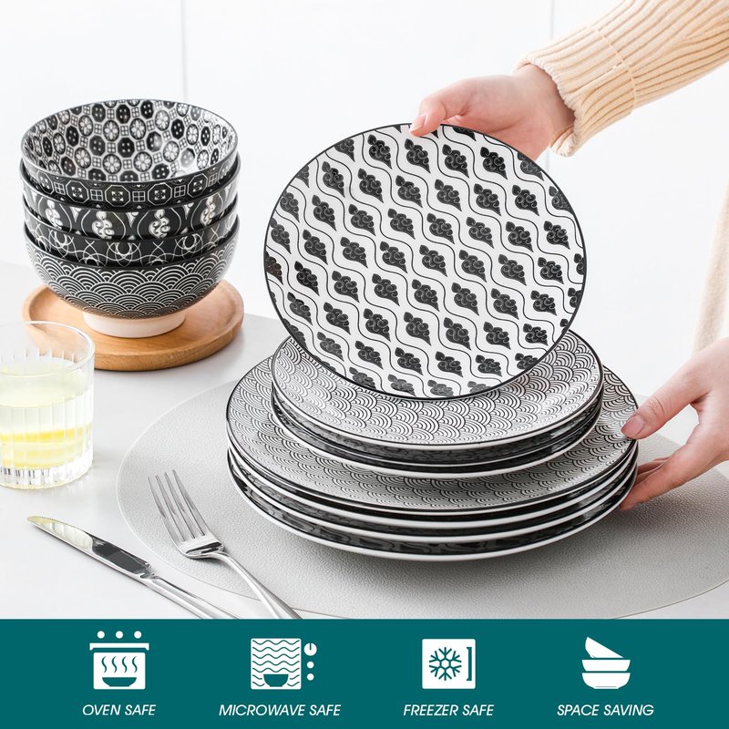 vancasso Haruka 12 Pieces Plates and Bowls Set, Ceramic Dinnerware Sets for 4, Black and White Porcelain Dishes Set