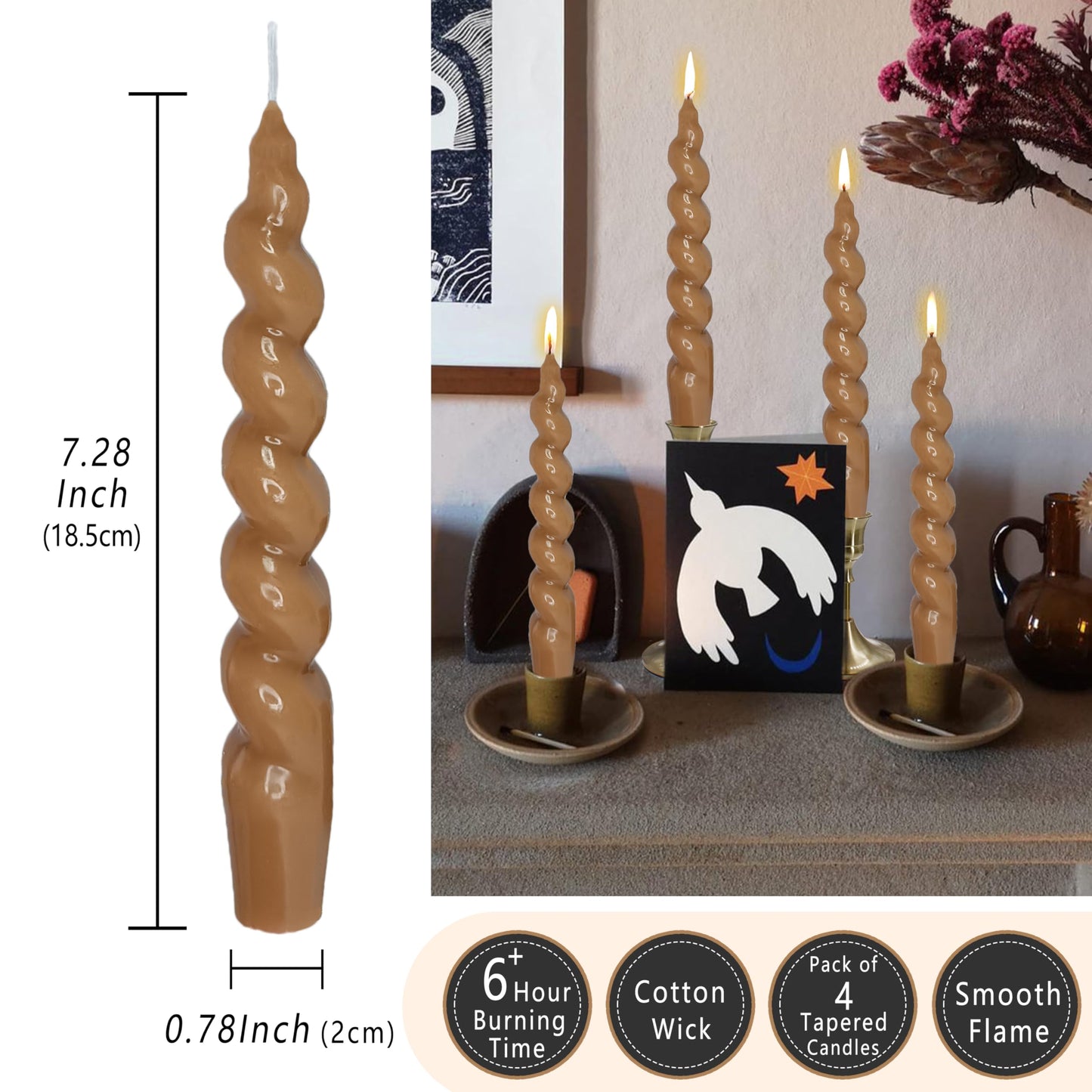 Spiral Taper Candle Twisted Candlestick 7 INCH Brown Candle Sticks Unscented Tapered Candles Dinner Candle for Home Holiday Wedding Party