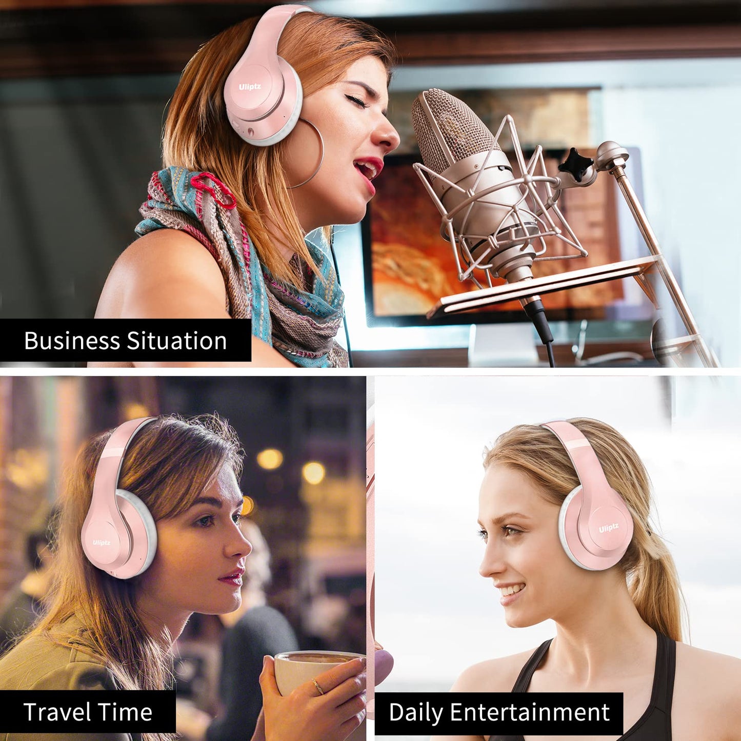 Uliptz Wireless Bluetooth Headphones, 65H Playtime, 6EQ Sound Modes, HiFi Stereo Over Ear Headphones with Microphone, Foldable Bluetooth 6.0 Headphone for Travel/Office/Cellphone/PC (Rose Gold)