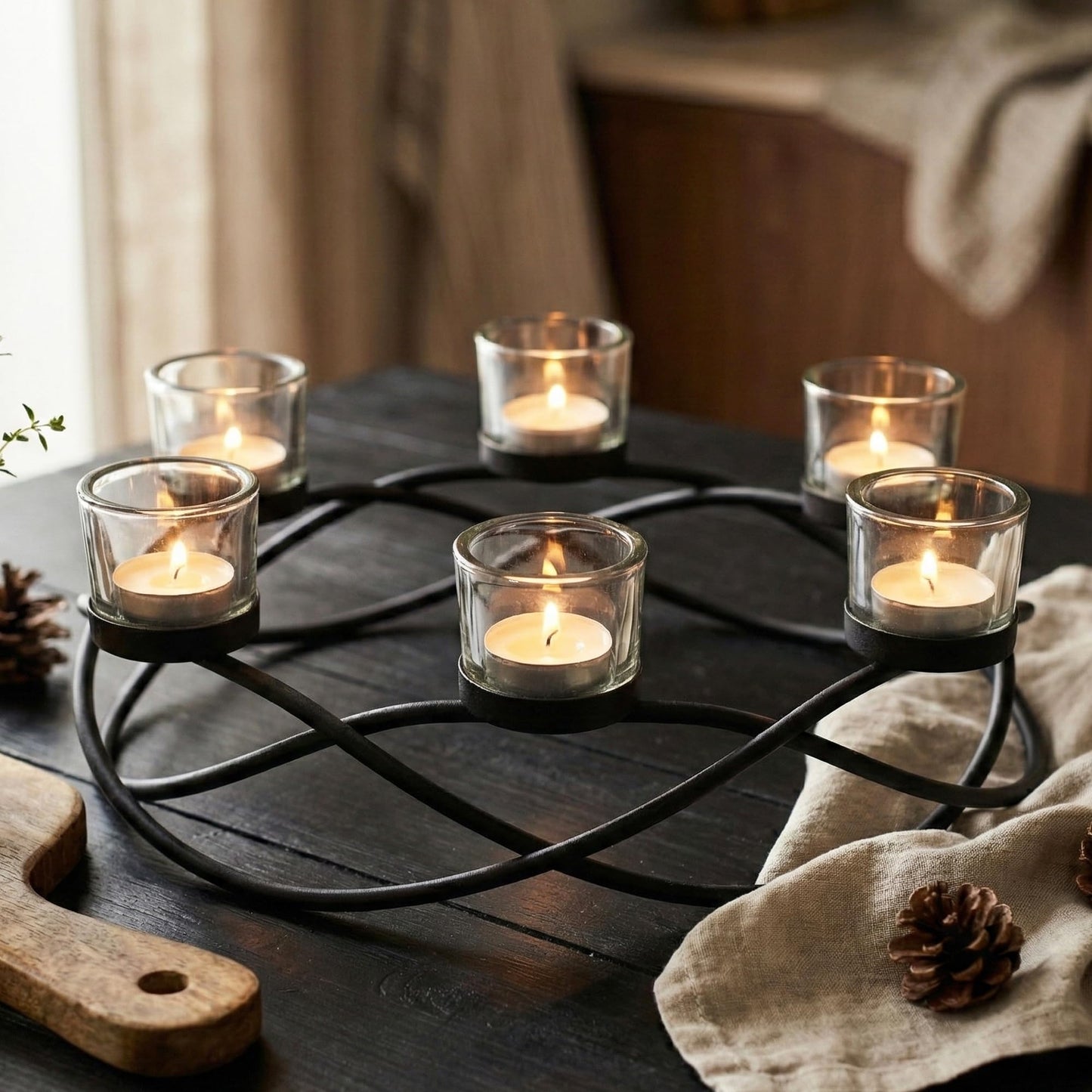 Seraphic Centerpieces for Table Decorations - Oval Candle Holders for Outdoor Patio, Dining, Kitchen, Coffee & Wedding Table Decor, Black Iron Candelabra, 6 Thick Clear Glass Tealight Cups
