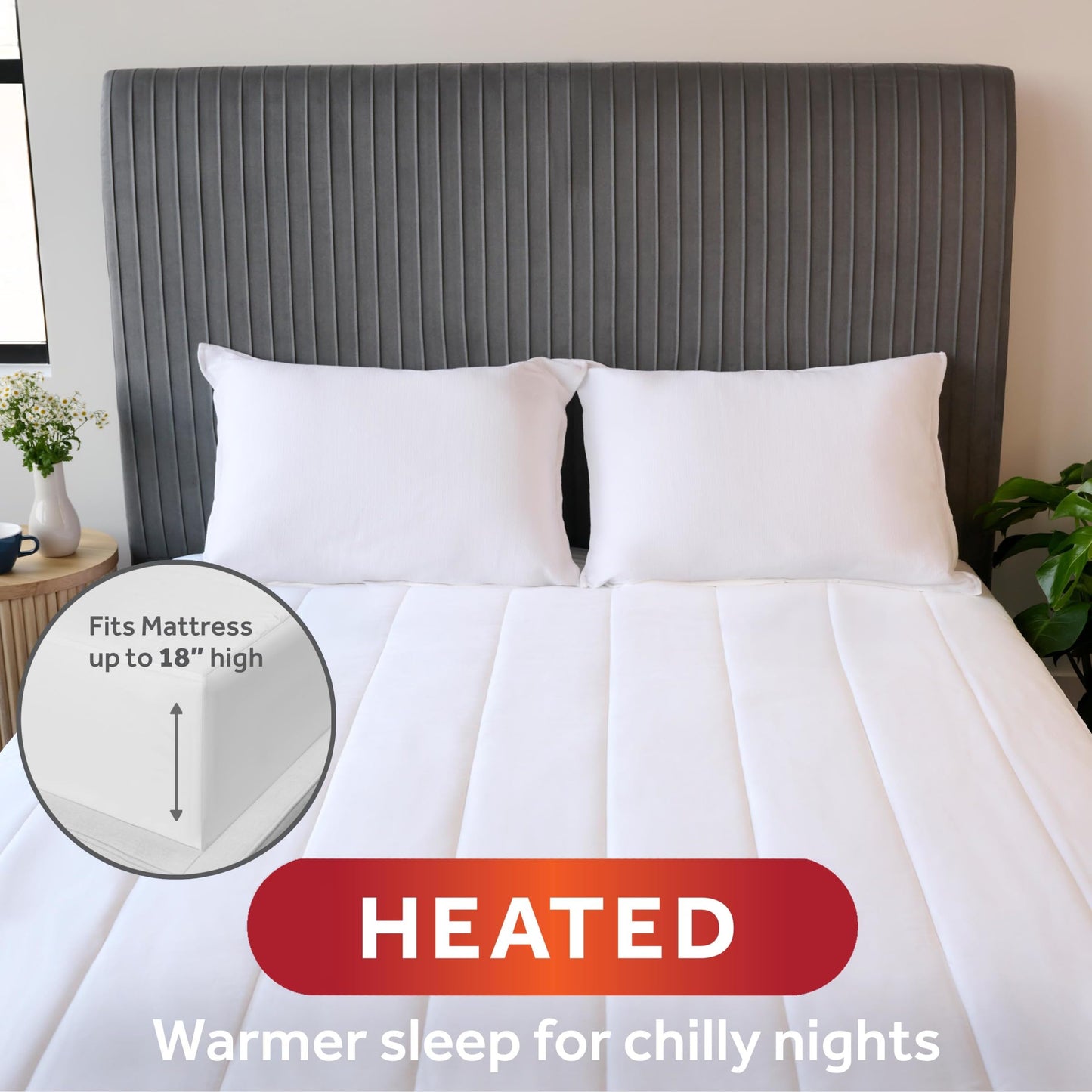 Sunbeam Electric Heated Mattress Pad Queen 80" x 60" 12 Heat Settings 12-Hour Auto Shut-Off Fast Heating Soft Cozy Fabric Deep Pocket Skirt Machine Washable