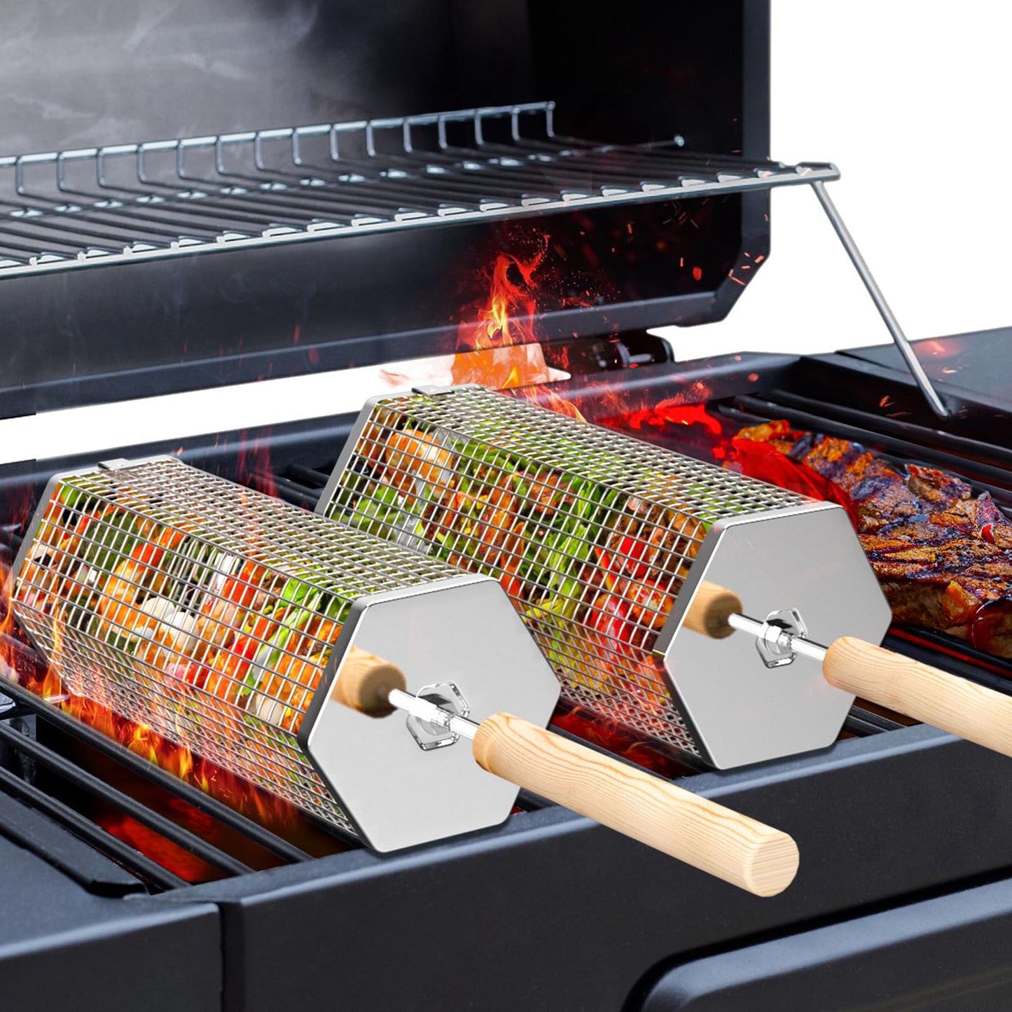 ivtivfu Rolling Grill Baskets (Hexagon), Removable Wooden Handle, 304 Stainless Steel, Nesting BBQ Accessories Tools for Vegetables Shrimp, Outdoor Cooking Camping, Birthday Gifts for Men Dad Husband