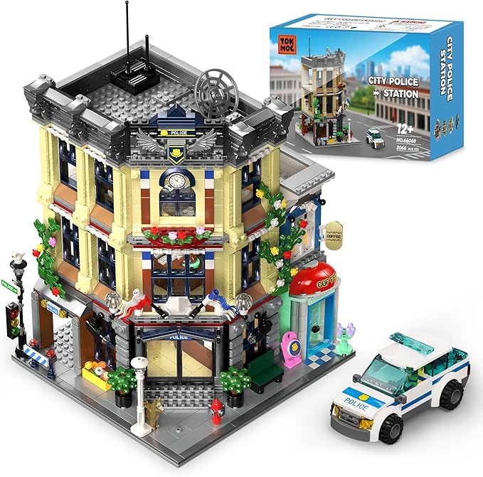 AsmrCap City Police Station Building Set for Boys Police Station Toy with Police Car Four-Floor Police Station with Office Interrogation Room Rooftop Radar Coffee Shop 2066PCS