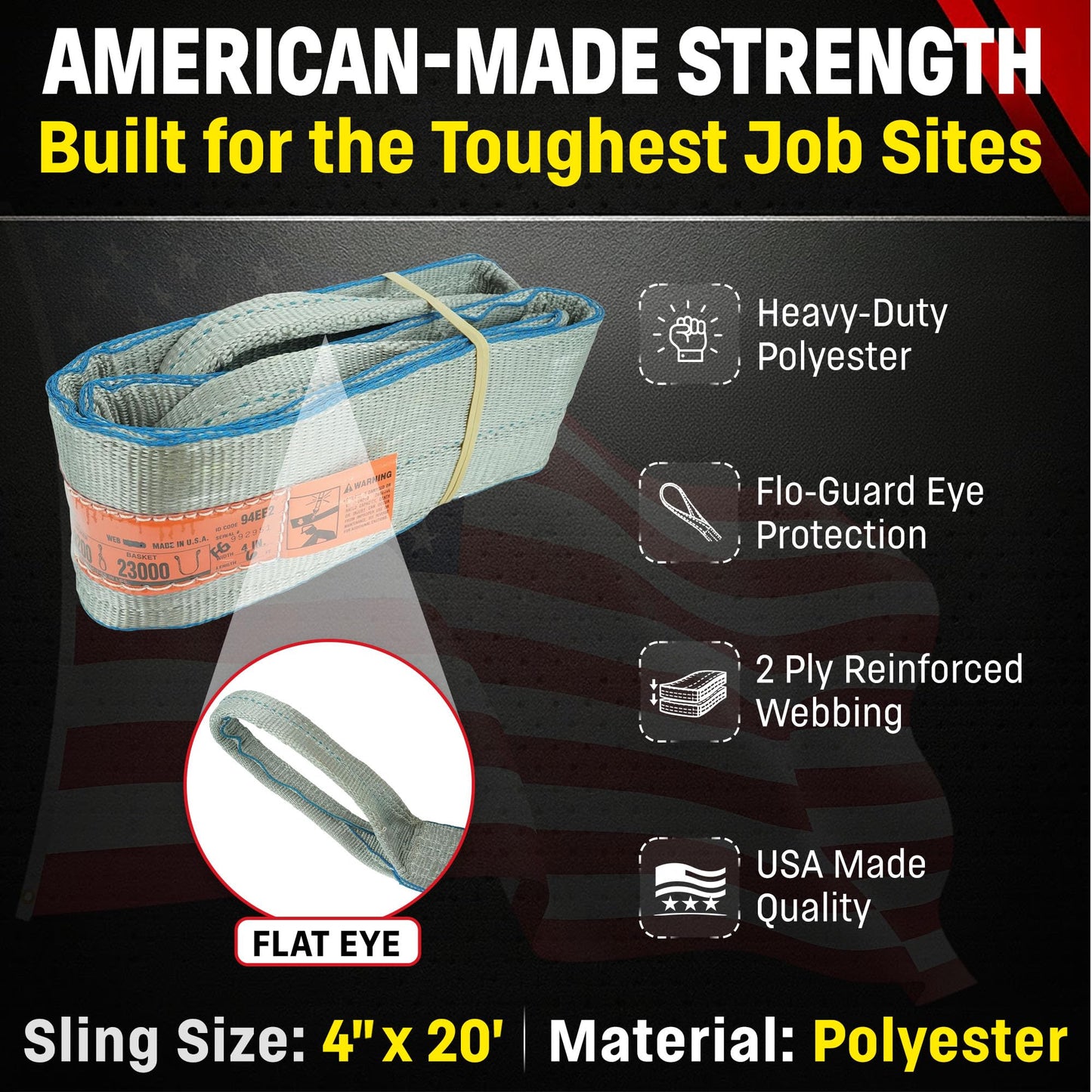 Chenango Supply DD Sling 4 Inch x 20 Foot Polyester Lifting Sling – USA Made, 11,500 lb Vertical, 9,200 lb Choker, 23,000 lb Basket – 2-Ply Heavy Duty 900 Webbing, Flo-Guard Eye & Eye Rigging Sling